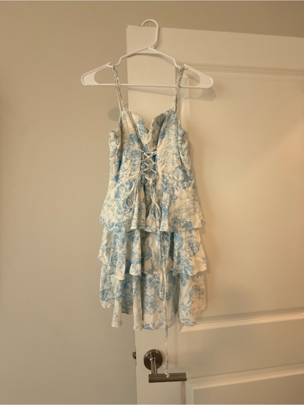 Trixxi Blue and White Floral Tiered Lace-Up Mini Dress
